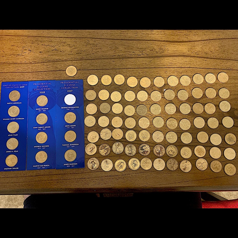 87 Variety $1 Presidential gold coins + 4 Sacagawea dollars with (p) indication